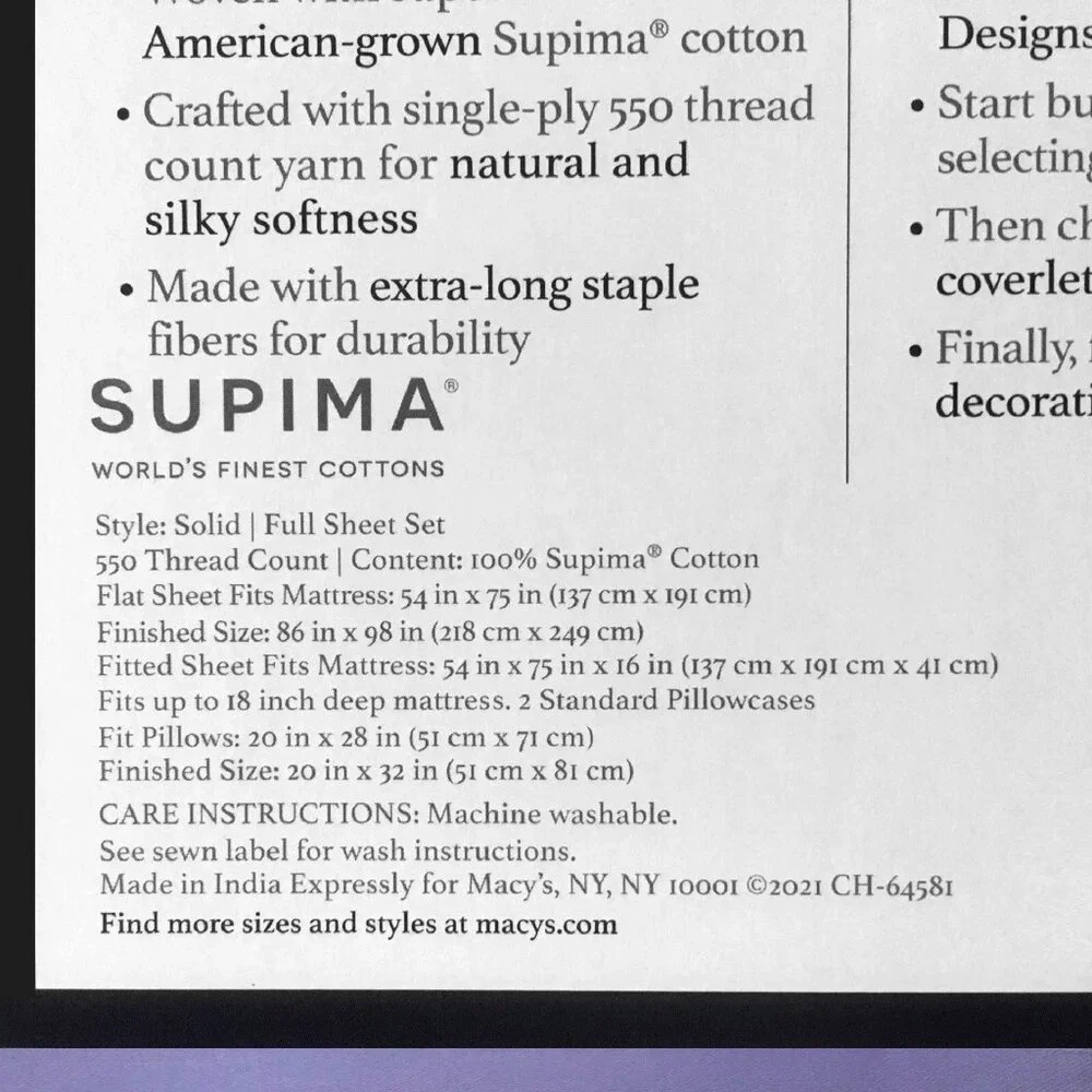 brand new AMETHYST PURPLE Charter Club 550 TC 100% Supima Cotton FULL Sheet Set